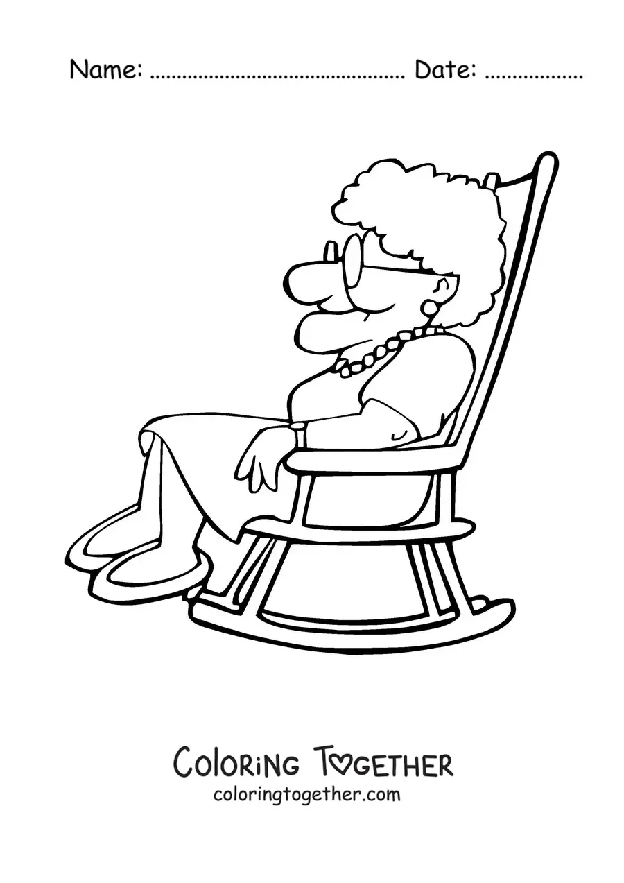 Coloring page of a grandma sitting in profile in a rocking chair