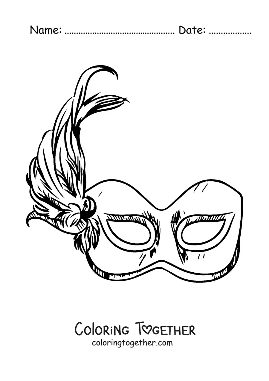 Coloring page of a carnival mask with feathers