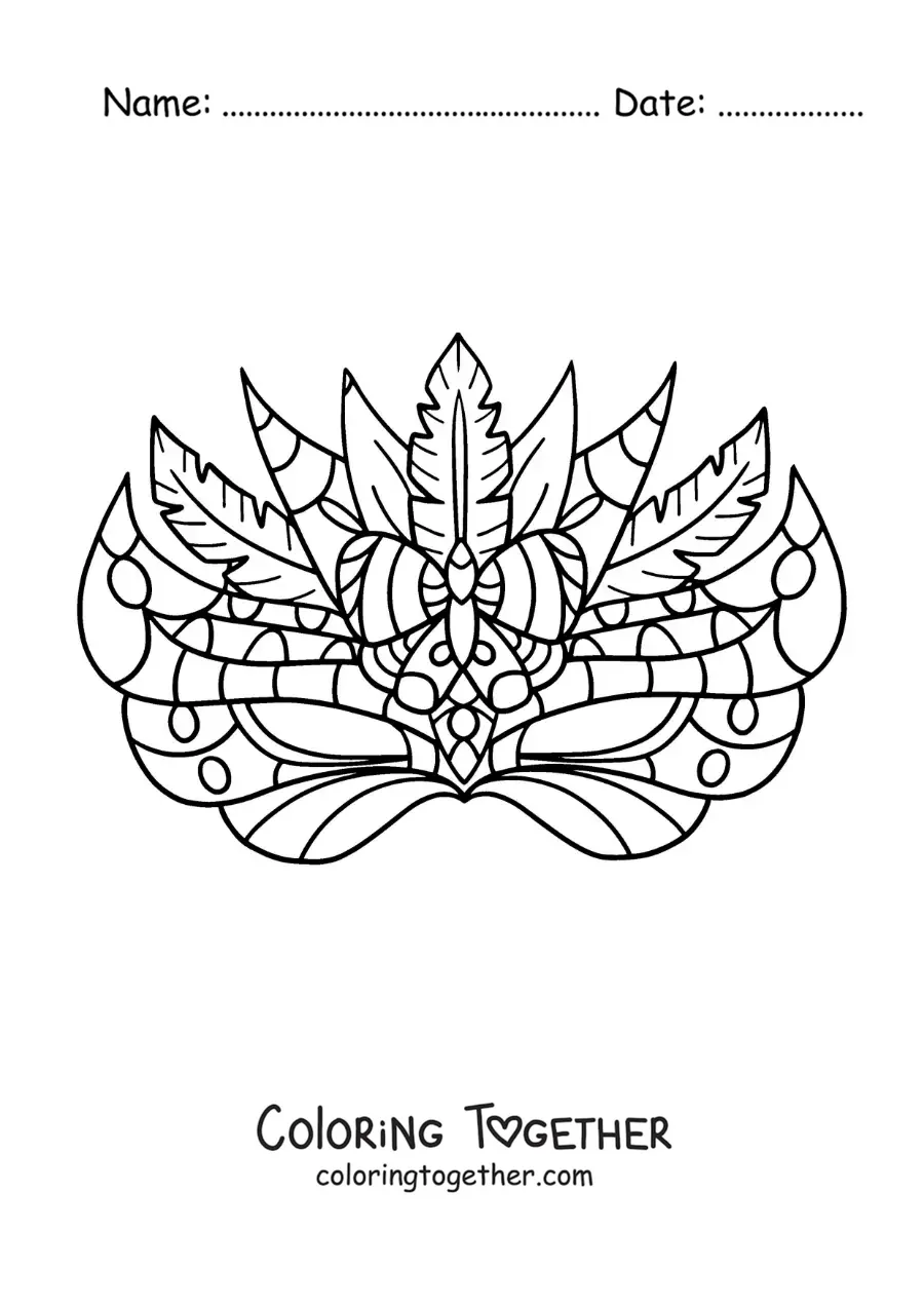 Coloring page of a carnival mask decorated with feathers