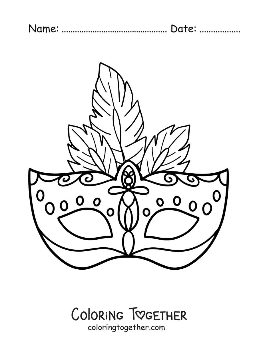 Coloring page of a carnival mask for kids with feathers