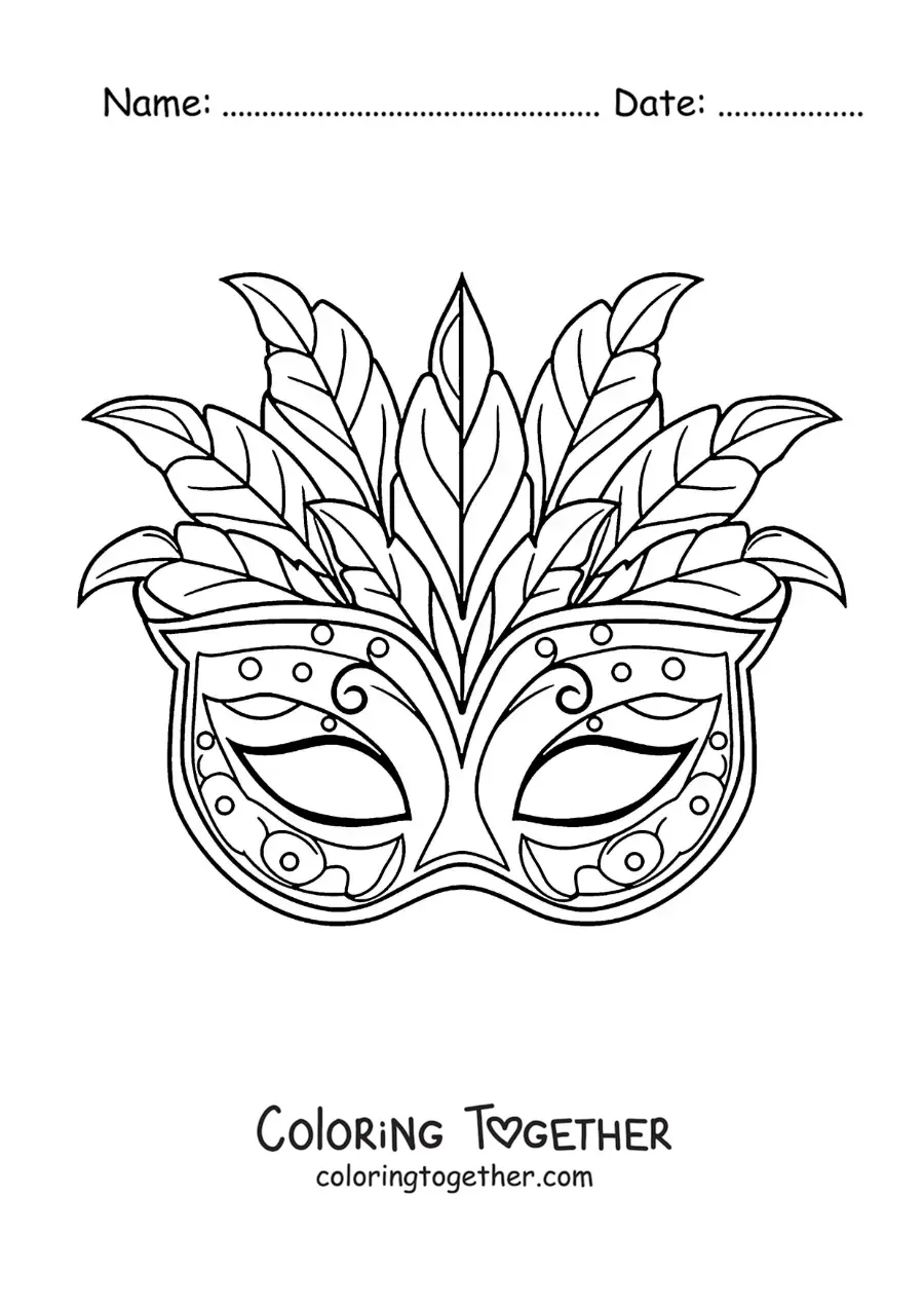Coloring page of a feathered mask for a carnival costume