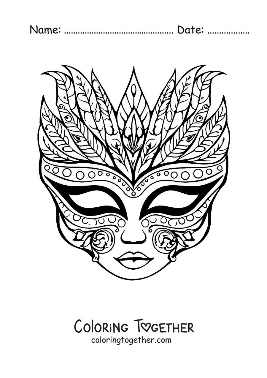 Coloring page of a Venetian mask with feathers