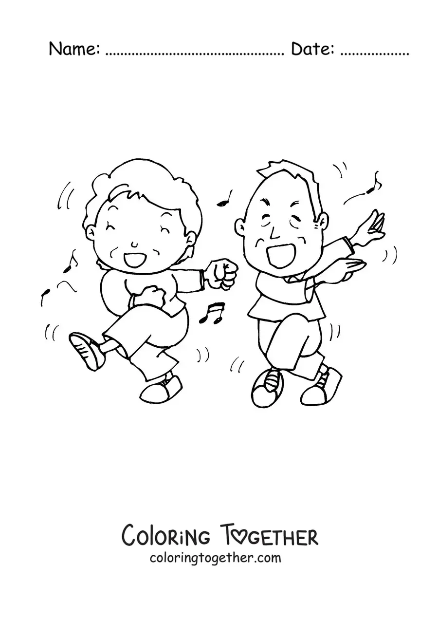 Coloring page of a grandma dancing with a grandpa