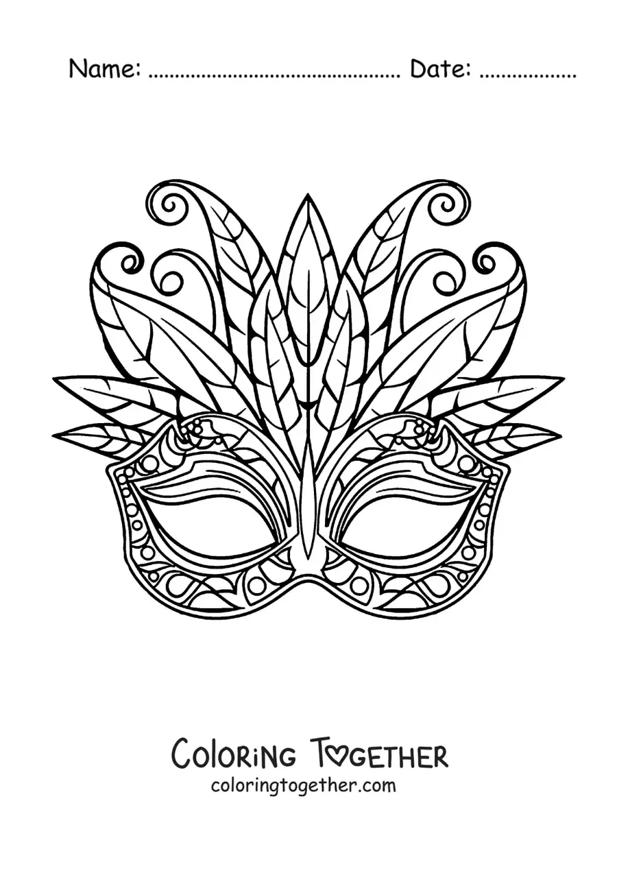 Coloring page of a carnival mask with geometric shapes and feathers