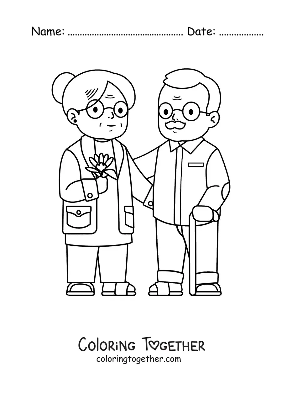 Coloring page of a grandma next to a grandpa with a cane
