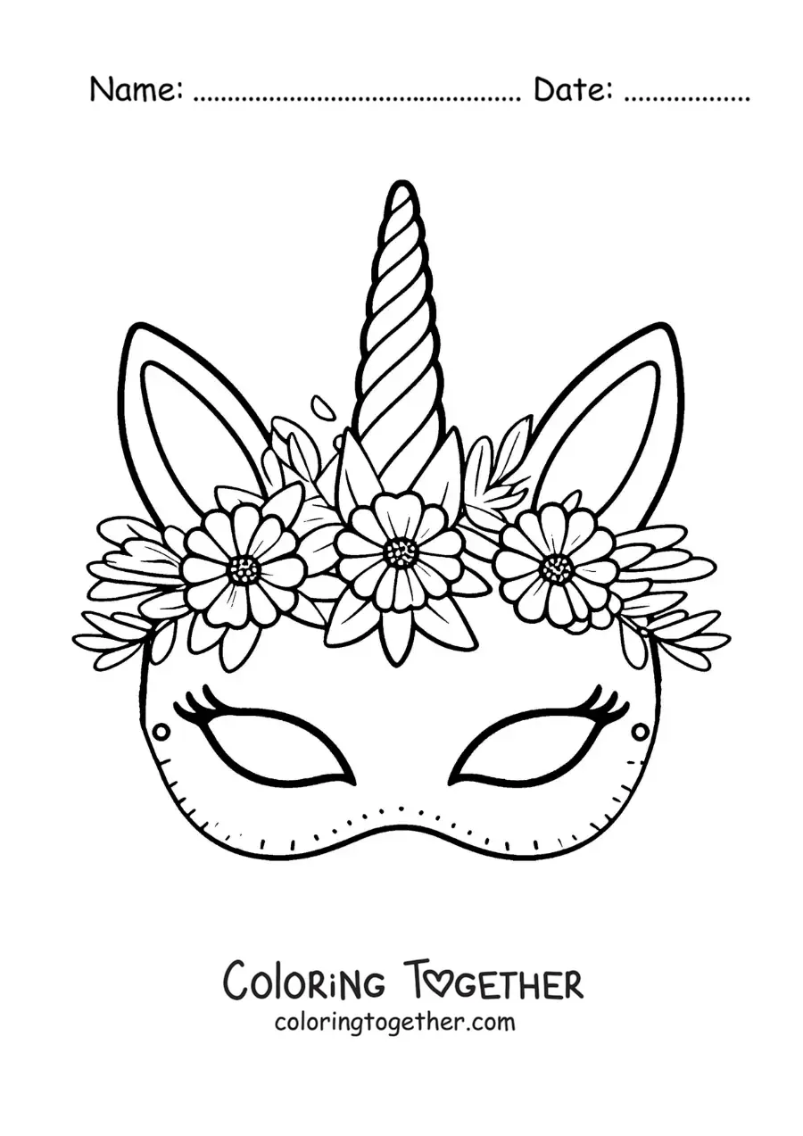 Coloring page of a unicorn mask for girls