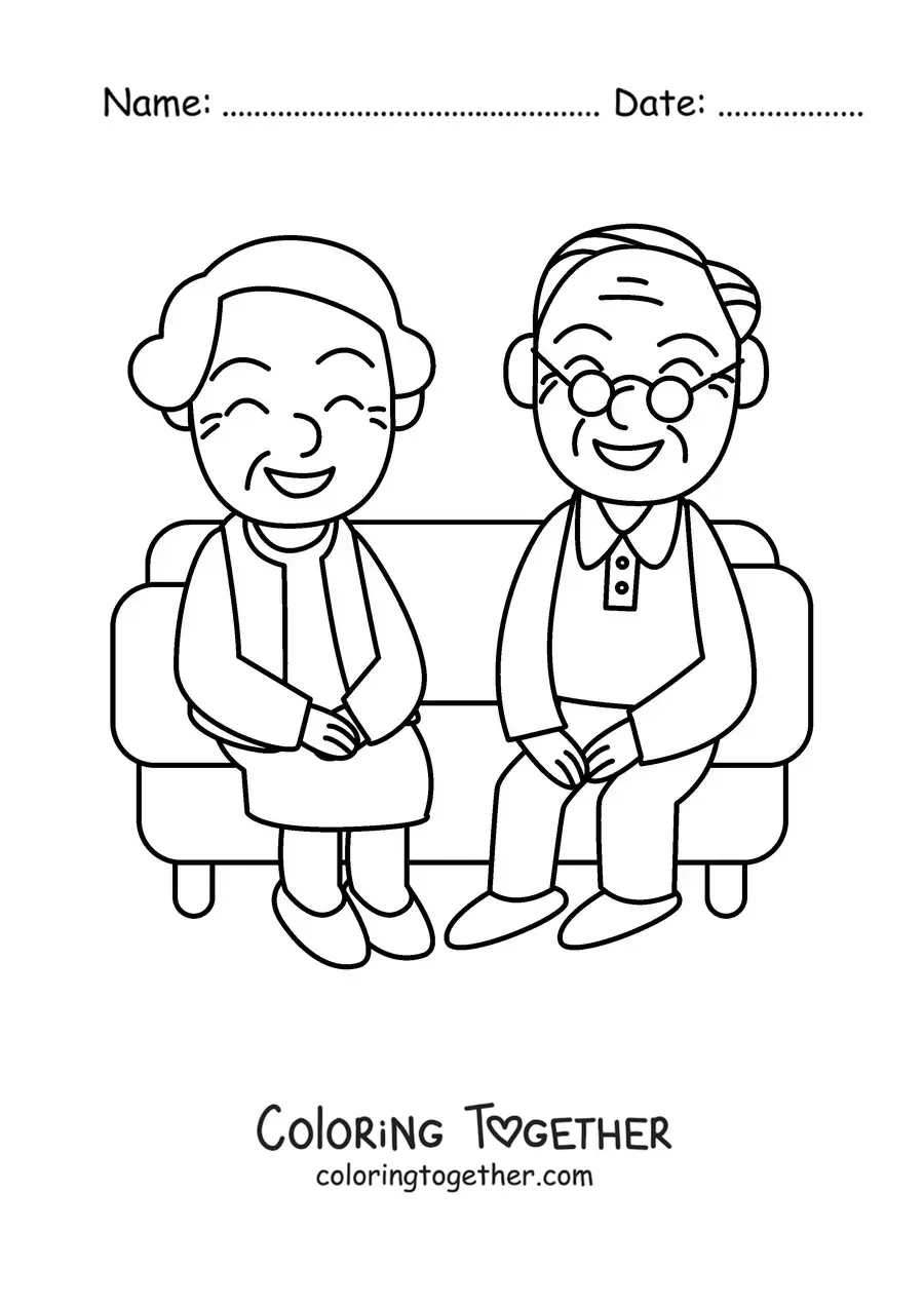 Coloring page of a grandma and a grandpa sitting on a sofa