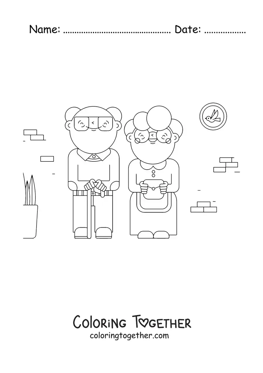 Coloring page of a little grandma next to a little grandpa