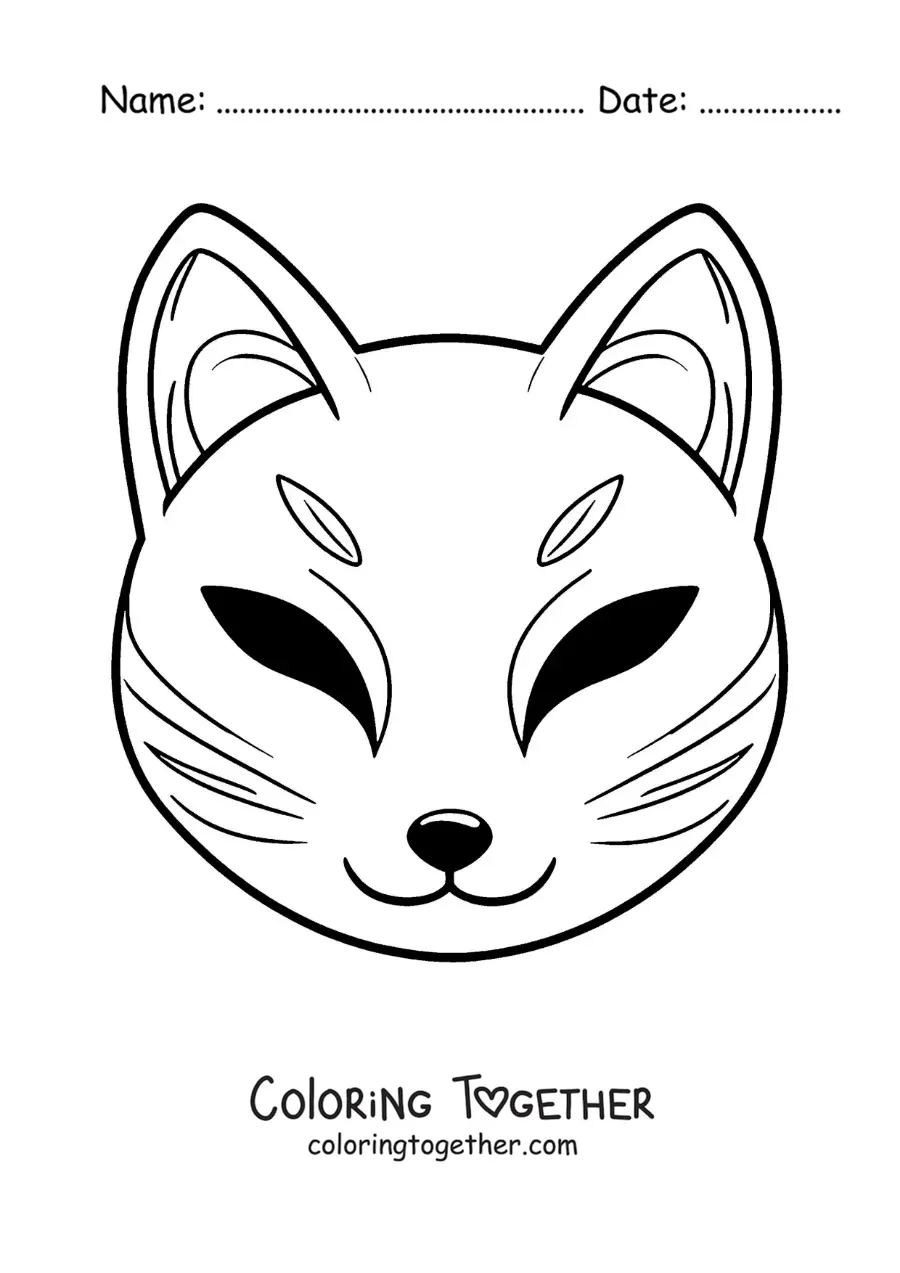Coloring page of a Japanese Kitsune mask for kids