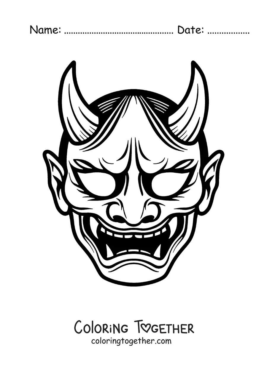 Coloring page of a Japanese oni demon mask
