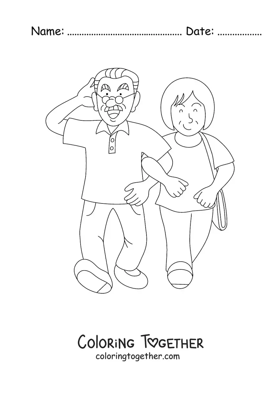 Coloring page of a grandma and a grandpa walking together
