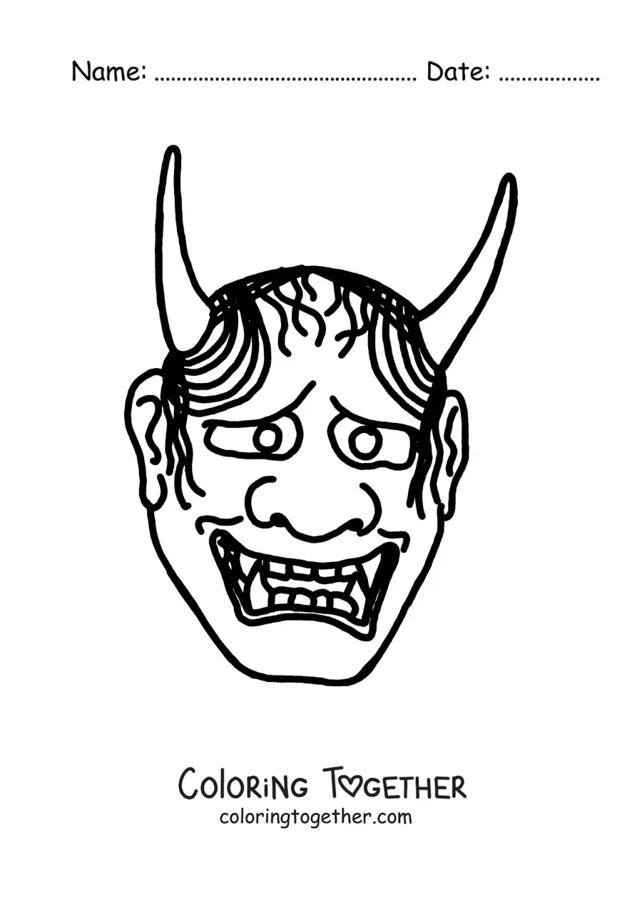 Coloring page of a cartoon Japanese Hannya mask