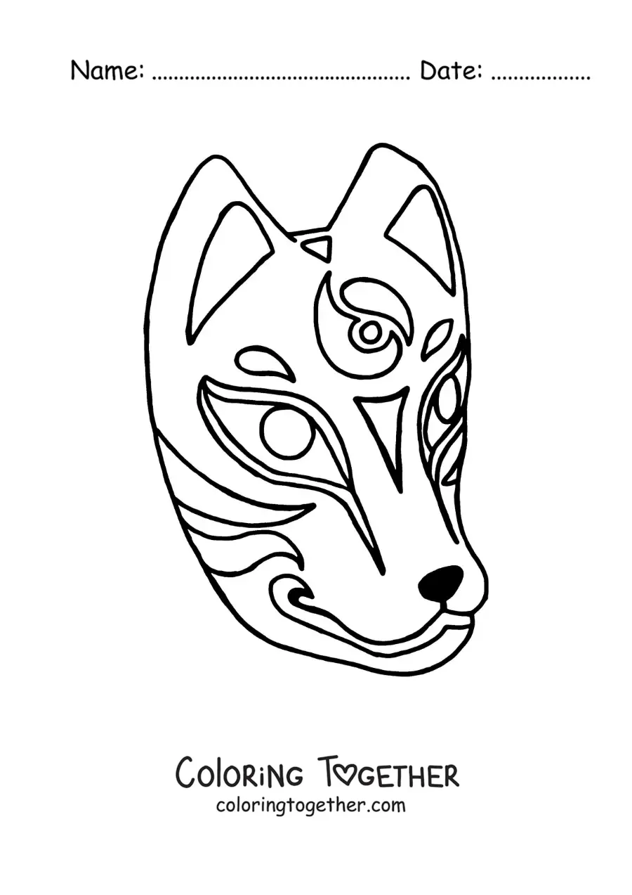 Coloring page of a Japanese fox mask