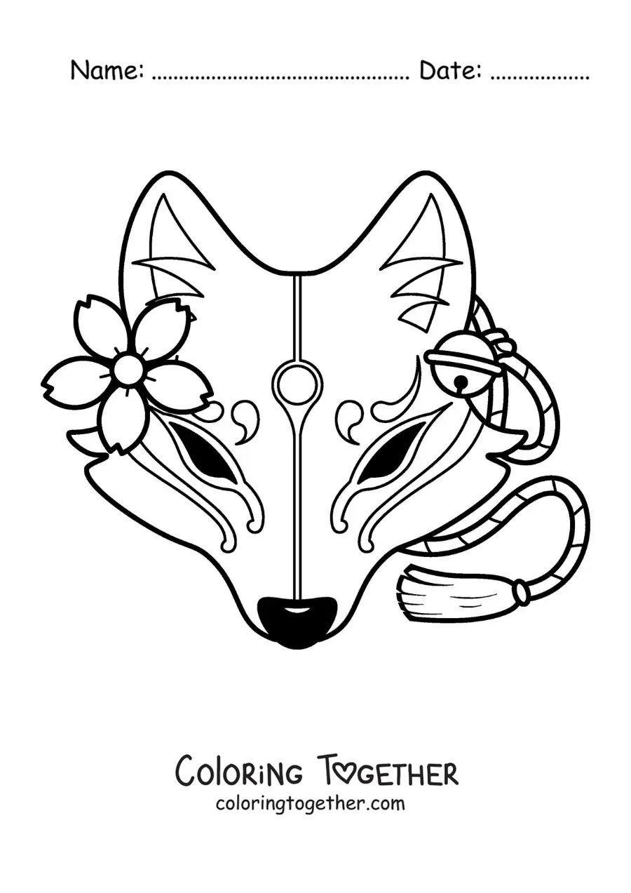 Coloring page of a cartoon Japanese Kitsune mask
