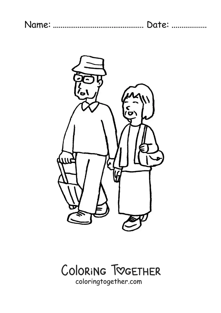 Coloring page of a grandma and a grandpa with travel luggage