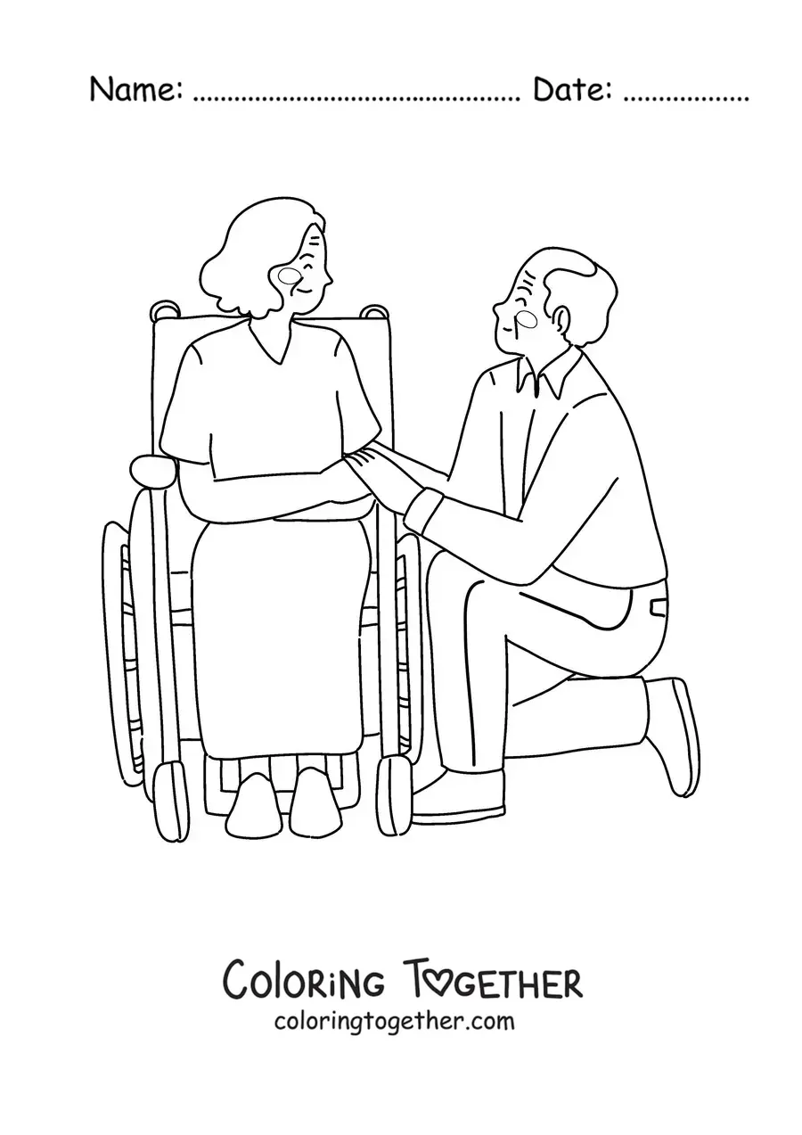 Coloring page of a grandpa kneeling next to a grandma in a wheelchair