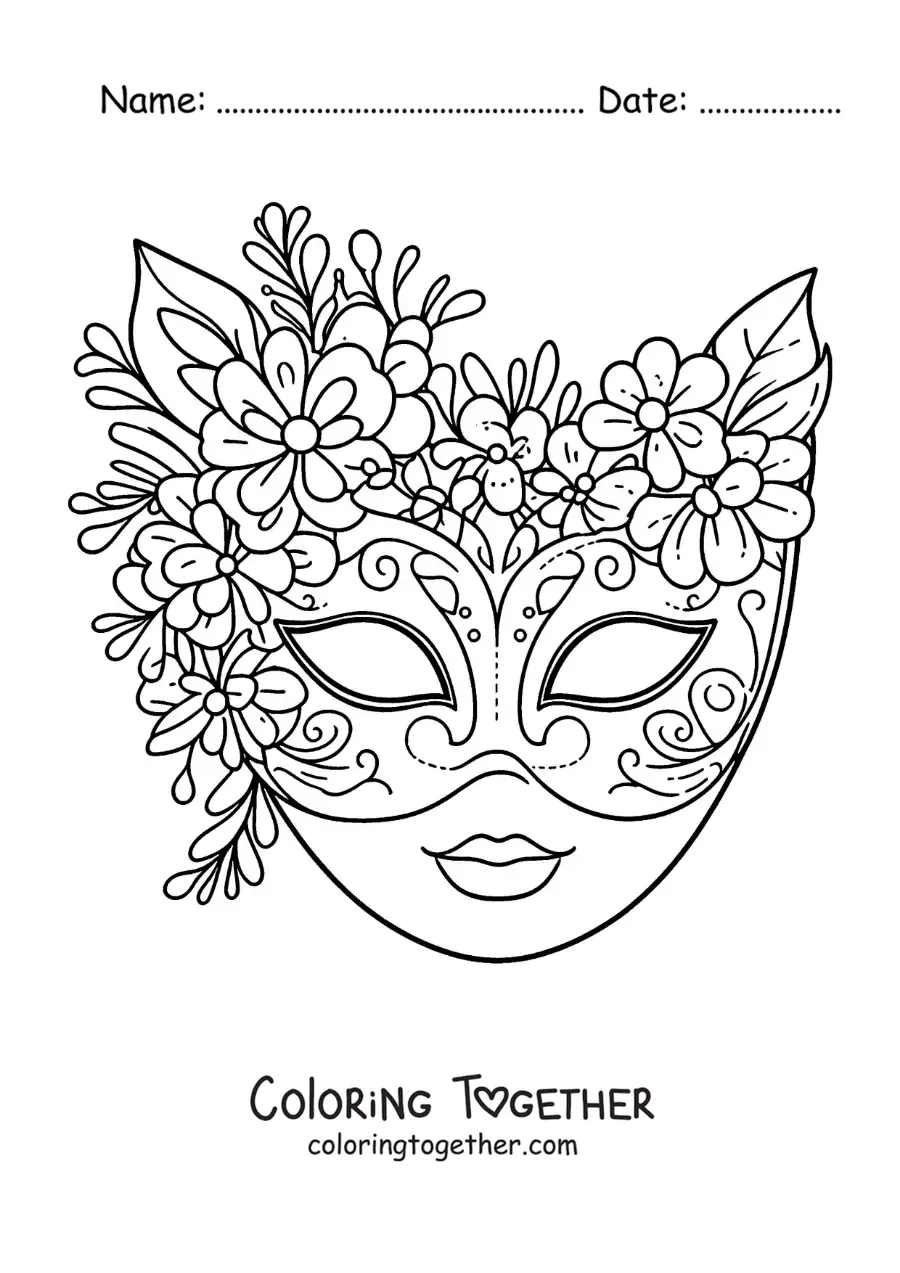 Coloring page of a flowered mask for girls