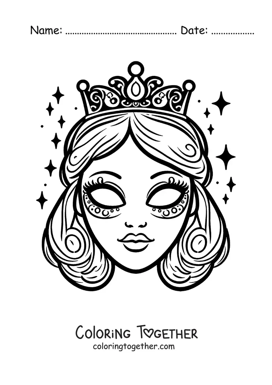Coloring page of a magical princess mask