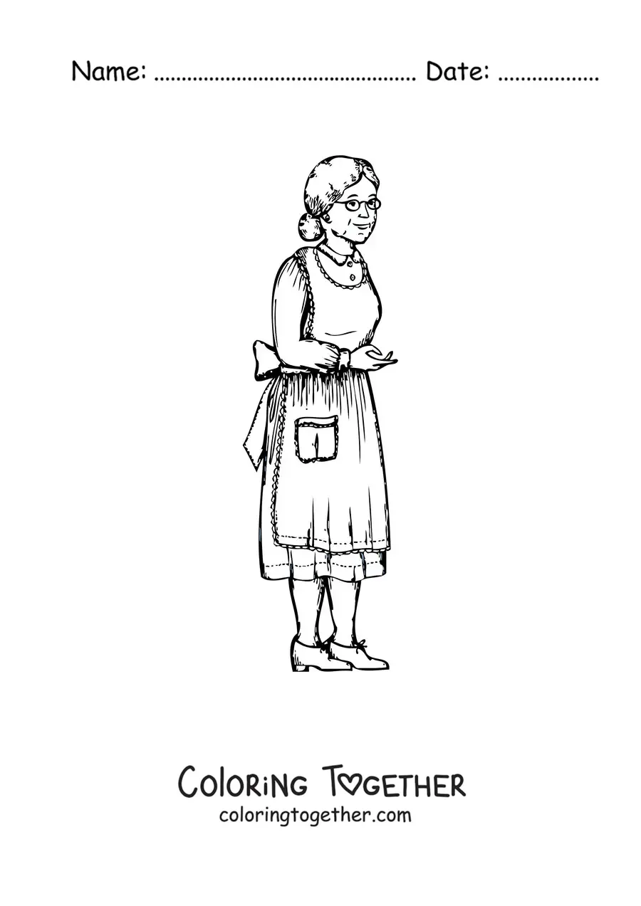 Coloring page of a little grandma with an apron and glasses