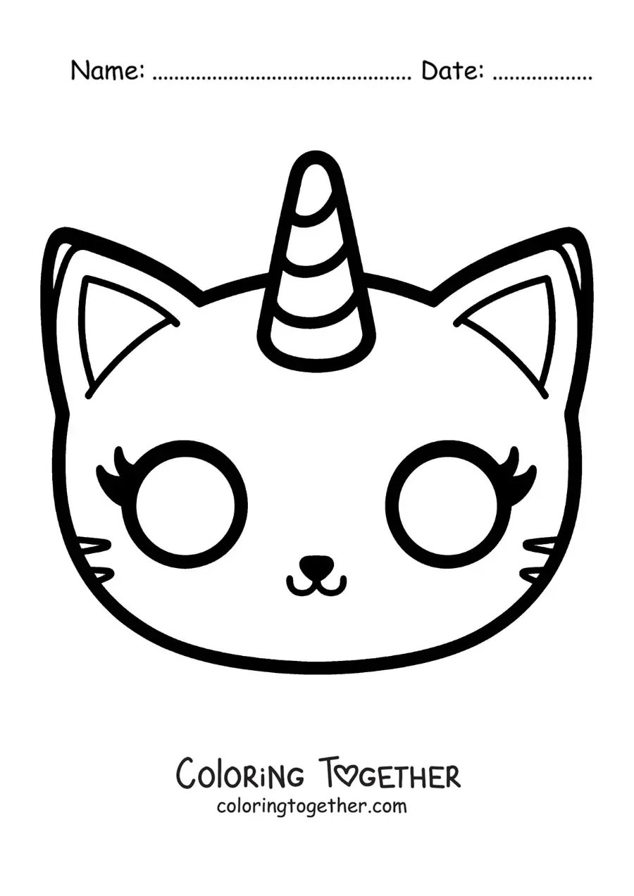 Coloring page of a kawaii caticorn mask for girls