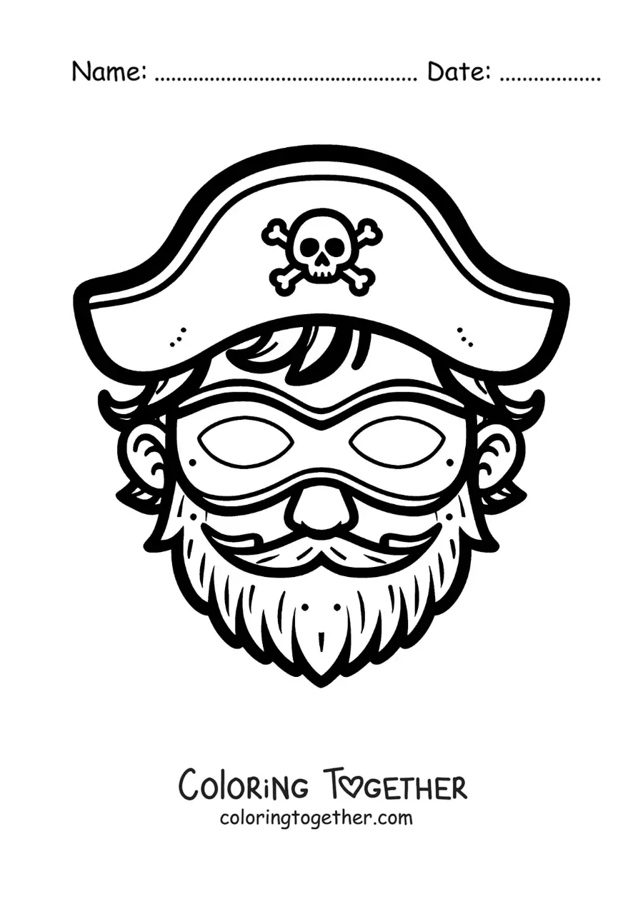 Coloring page of a pirate mask with hat and beard