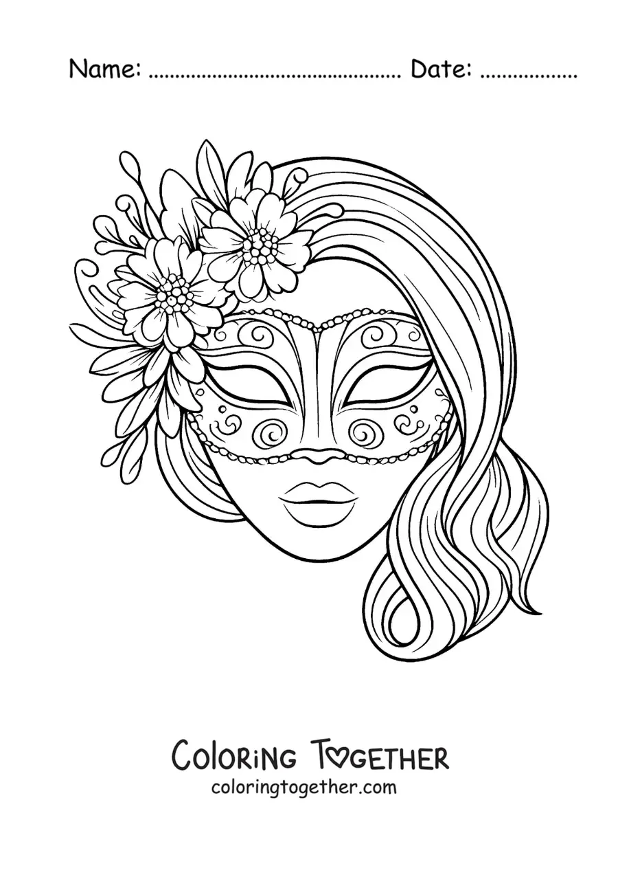 Coloring page of a carnival queen mask with flowers for girls