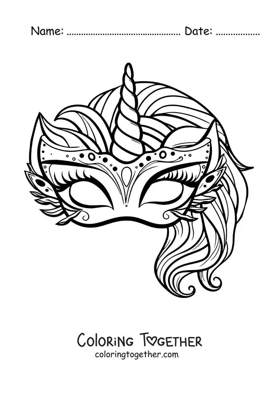 Coloring page of a unicorn mask