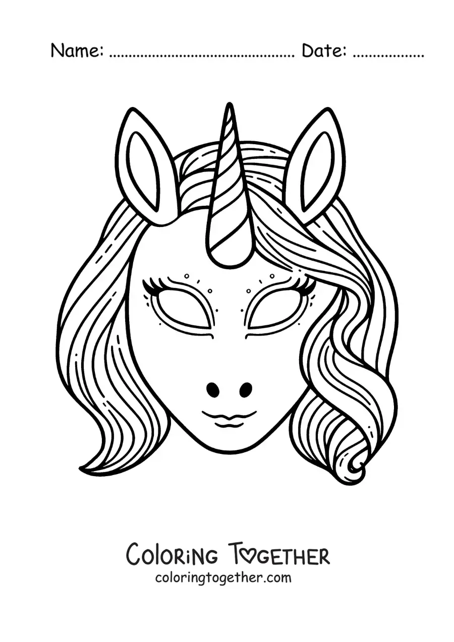 Coloring page of a unicorn mask