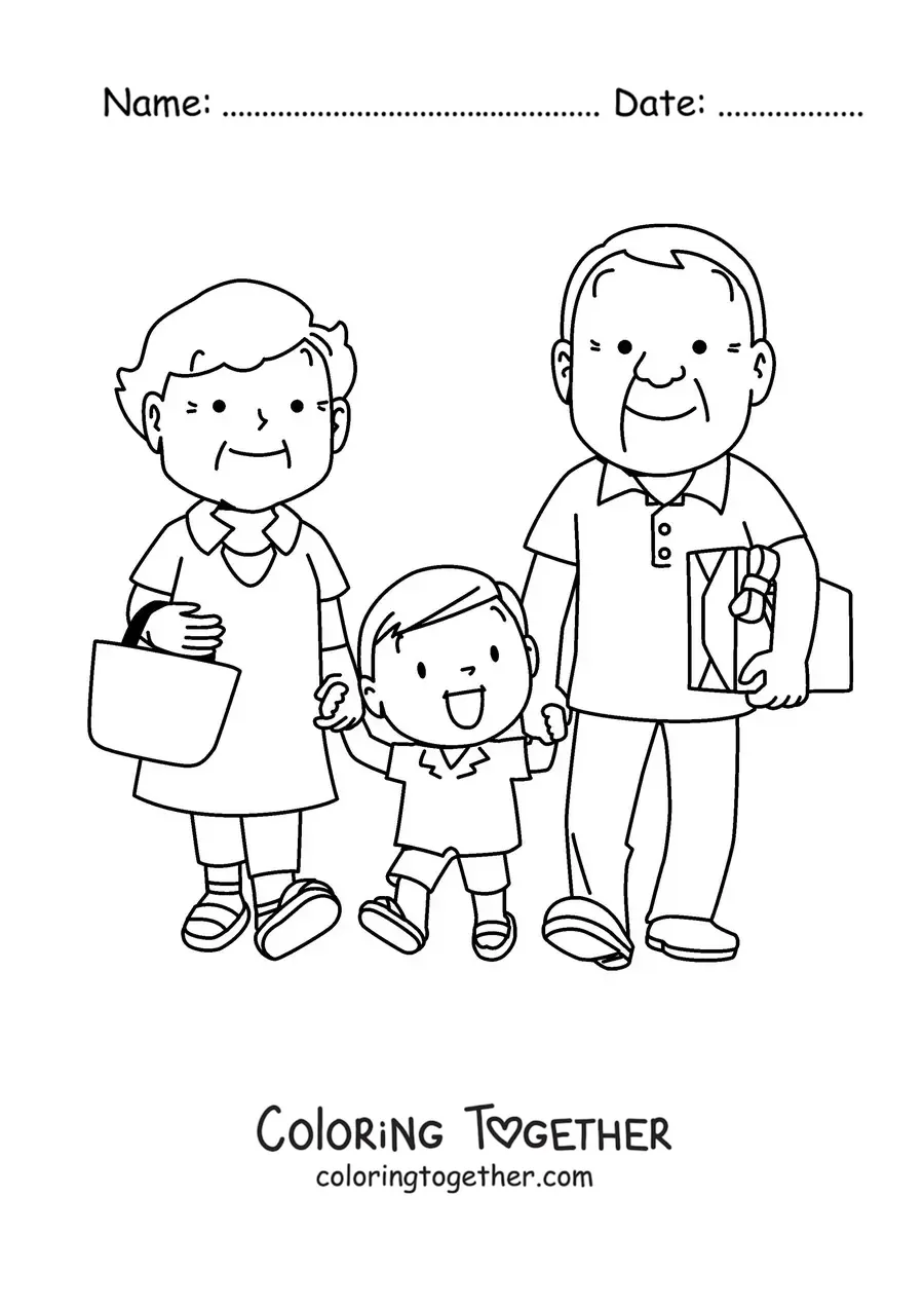 Coloring page of a pair of grandparents holding their grandson by the hand
