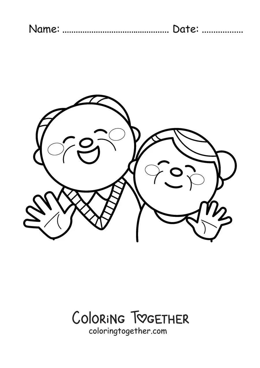 Coloring page of a cute pair of kawaii grandparents