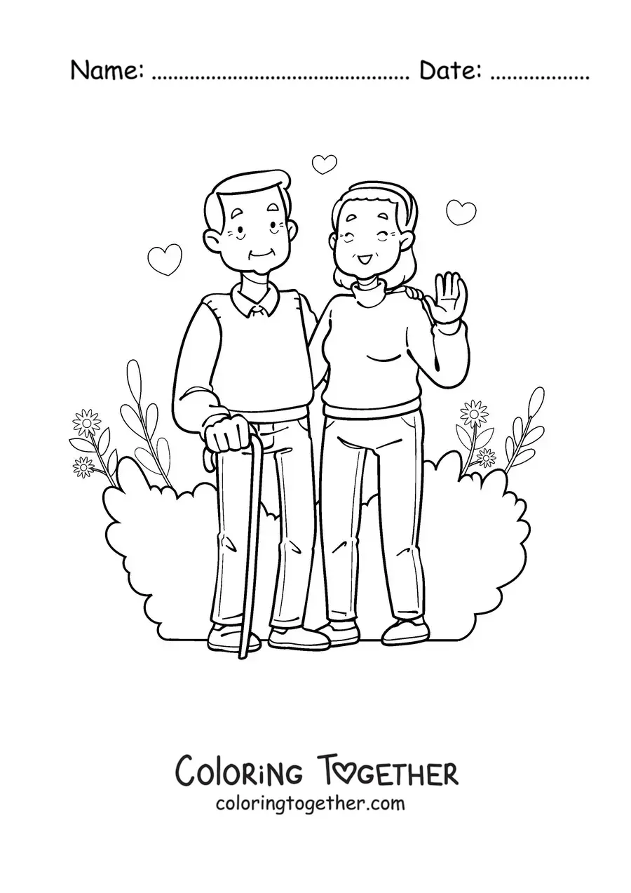 Coloring page of a couple of grandparents waving happily
