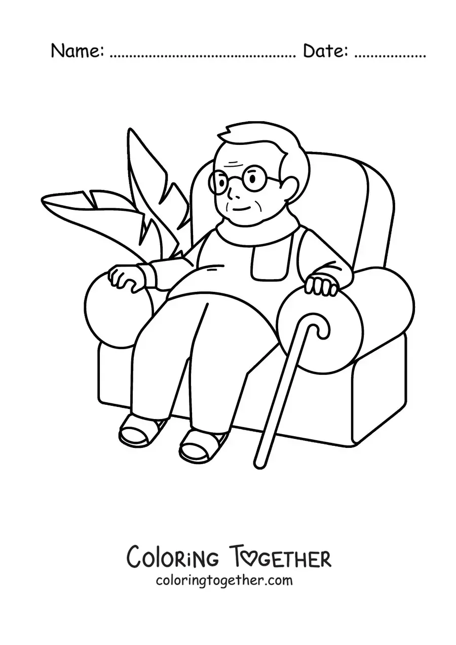 Coloring page of a grandpa with a cane sitting in an armchair