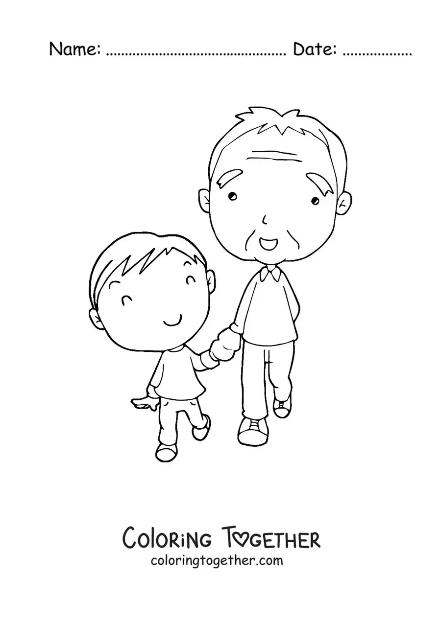 Coloring page of a kawaii grandpa standing next to his grandson