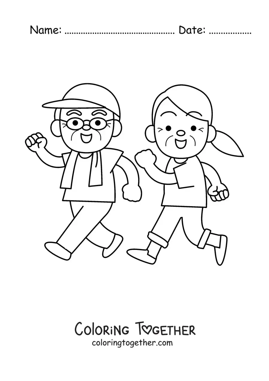 Coloring page of a couple of grandparents working out