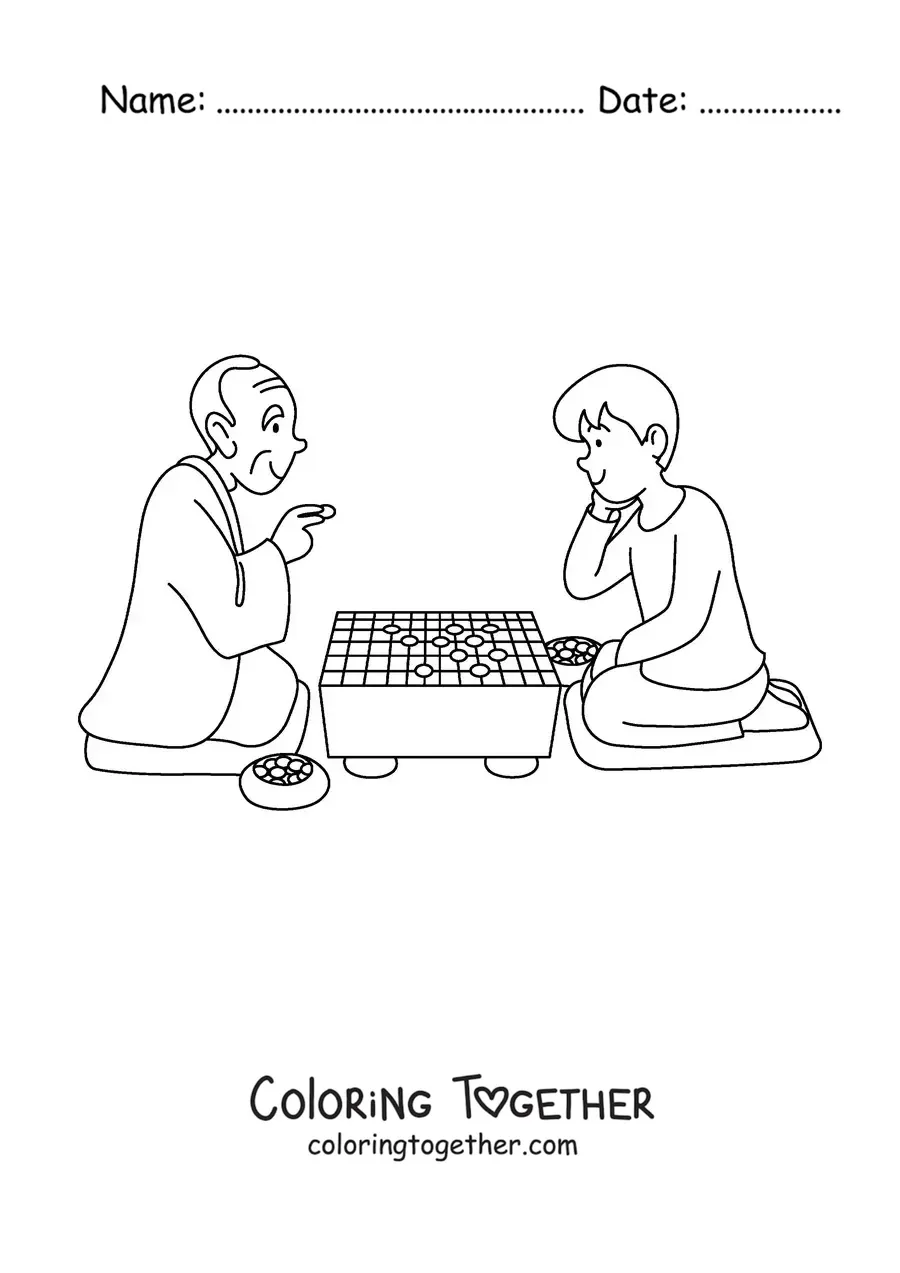 Coloring page of a grandpa playing with his grandson