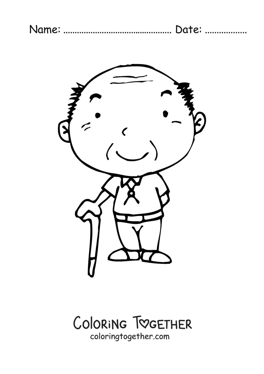 Coloring page of a smiling kawaii grandpa standing with a cane