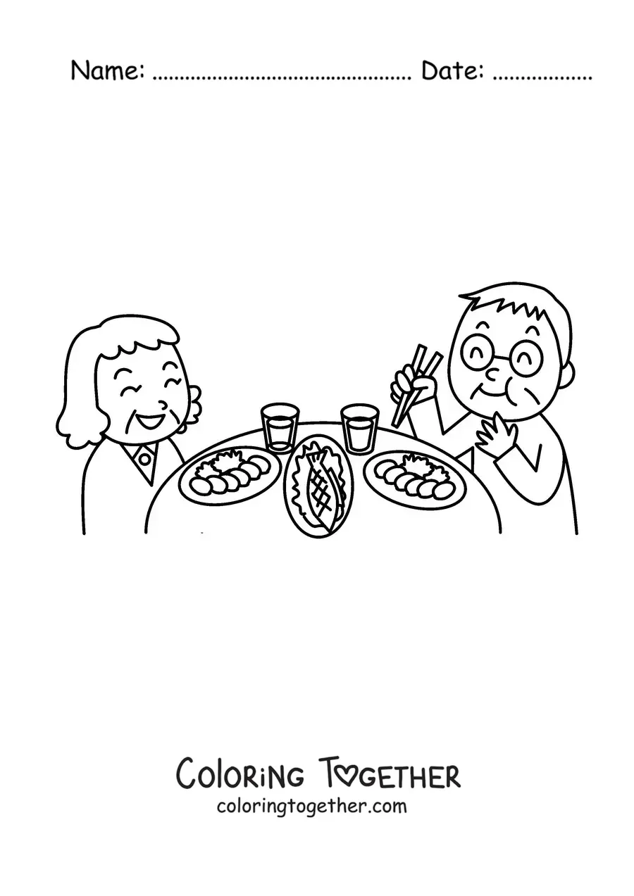 Coloring page of a grandpa and a grandma having dinner
