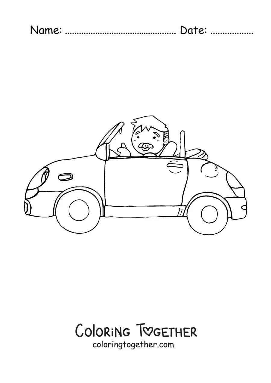 Coloring page of a modern grandpa driving a car