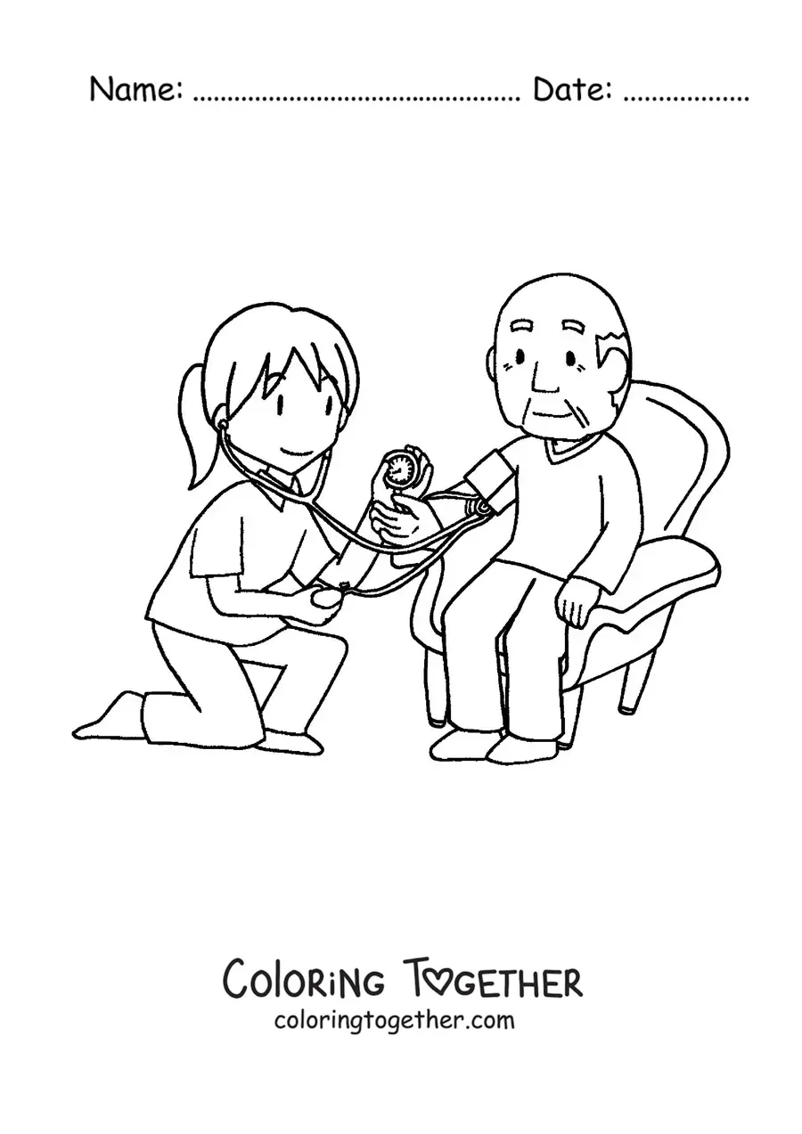 Coloring page of a grandpa at a medical appointment with a doctor