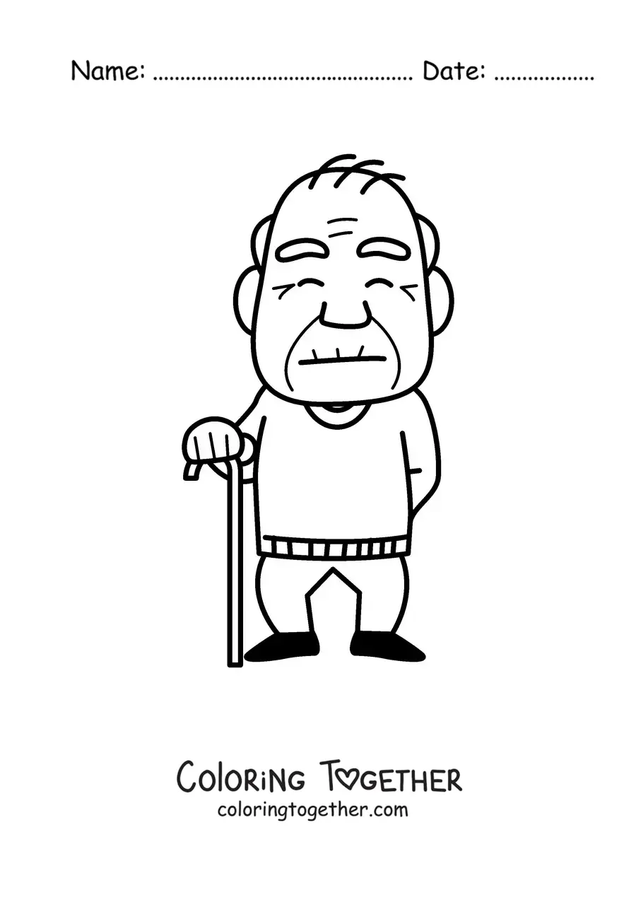 Coloring page of a grandpa standing while holding a cane