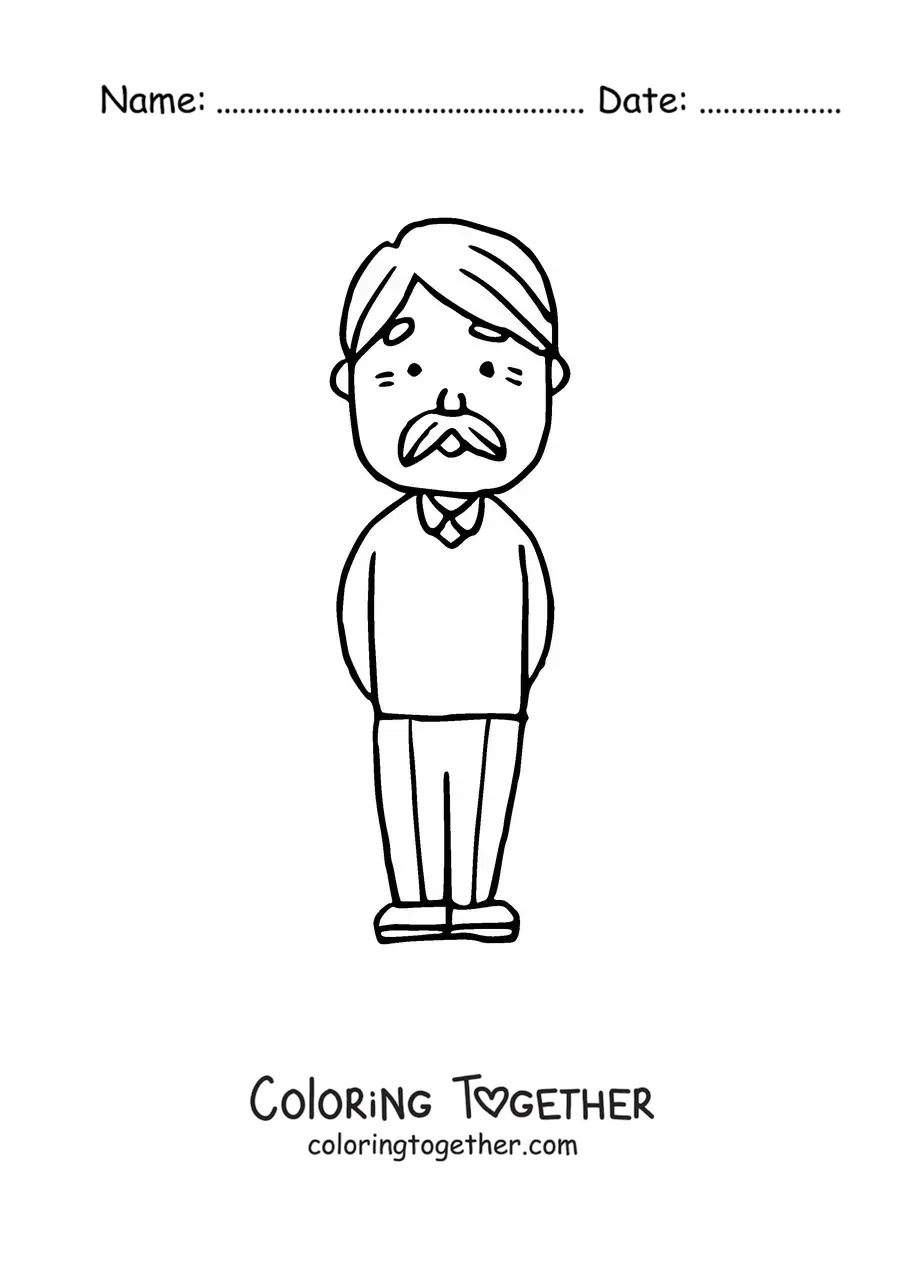 Coloring page of a grandpa standing with a mustache and a sweater