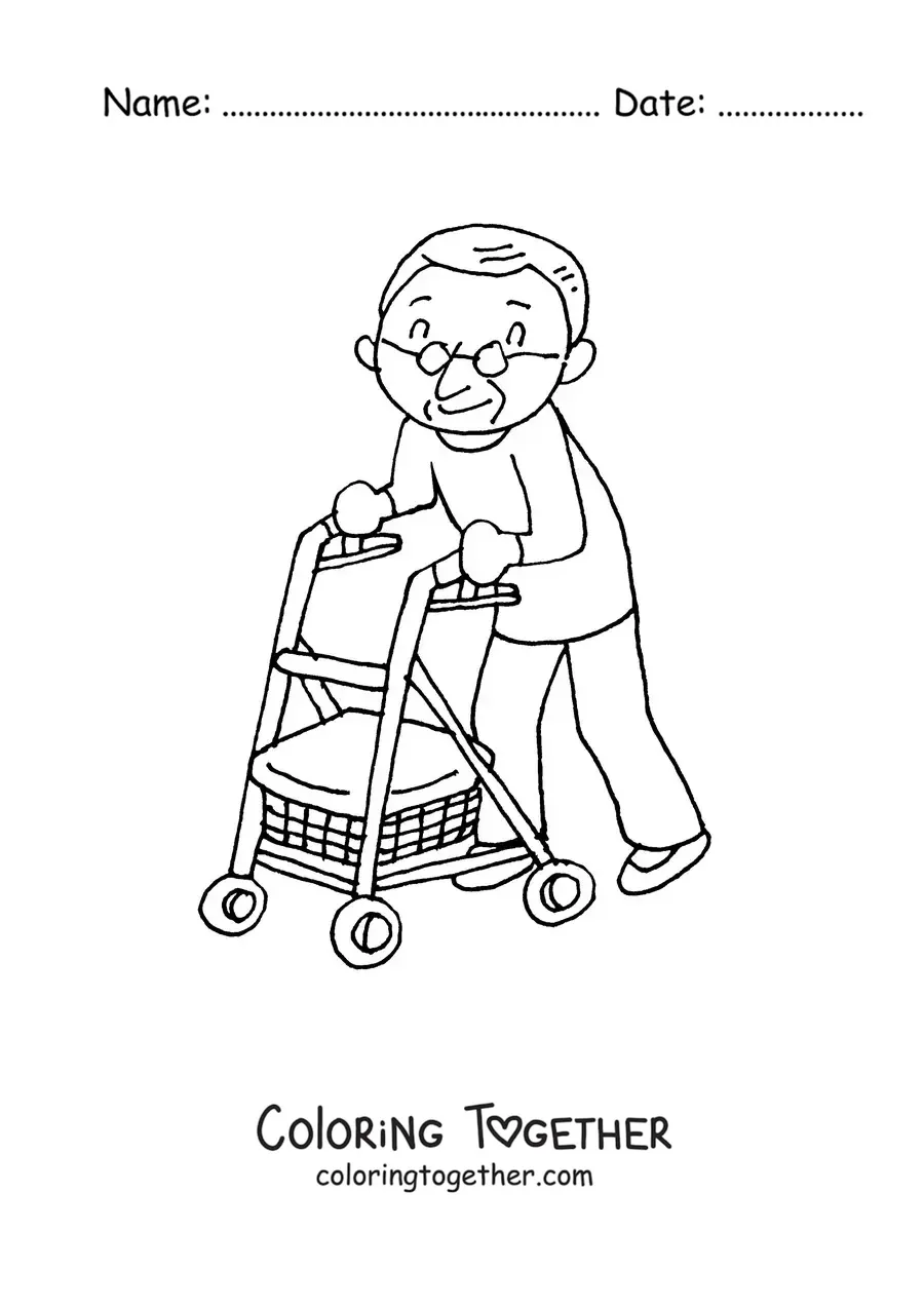 Coloring page of a kawaii grandpa walking with a walker