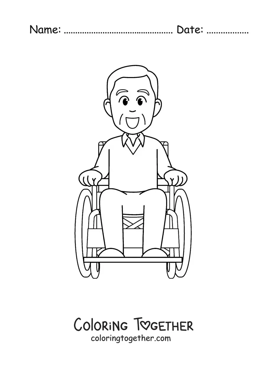 Coloring page of a smiling kawaii grandpa in a wheelchair