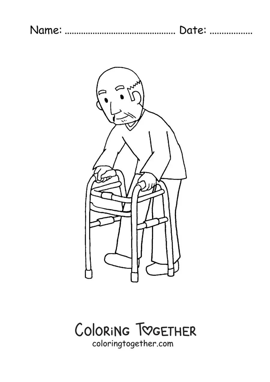 Coloring page of a grandpa with a walker
