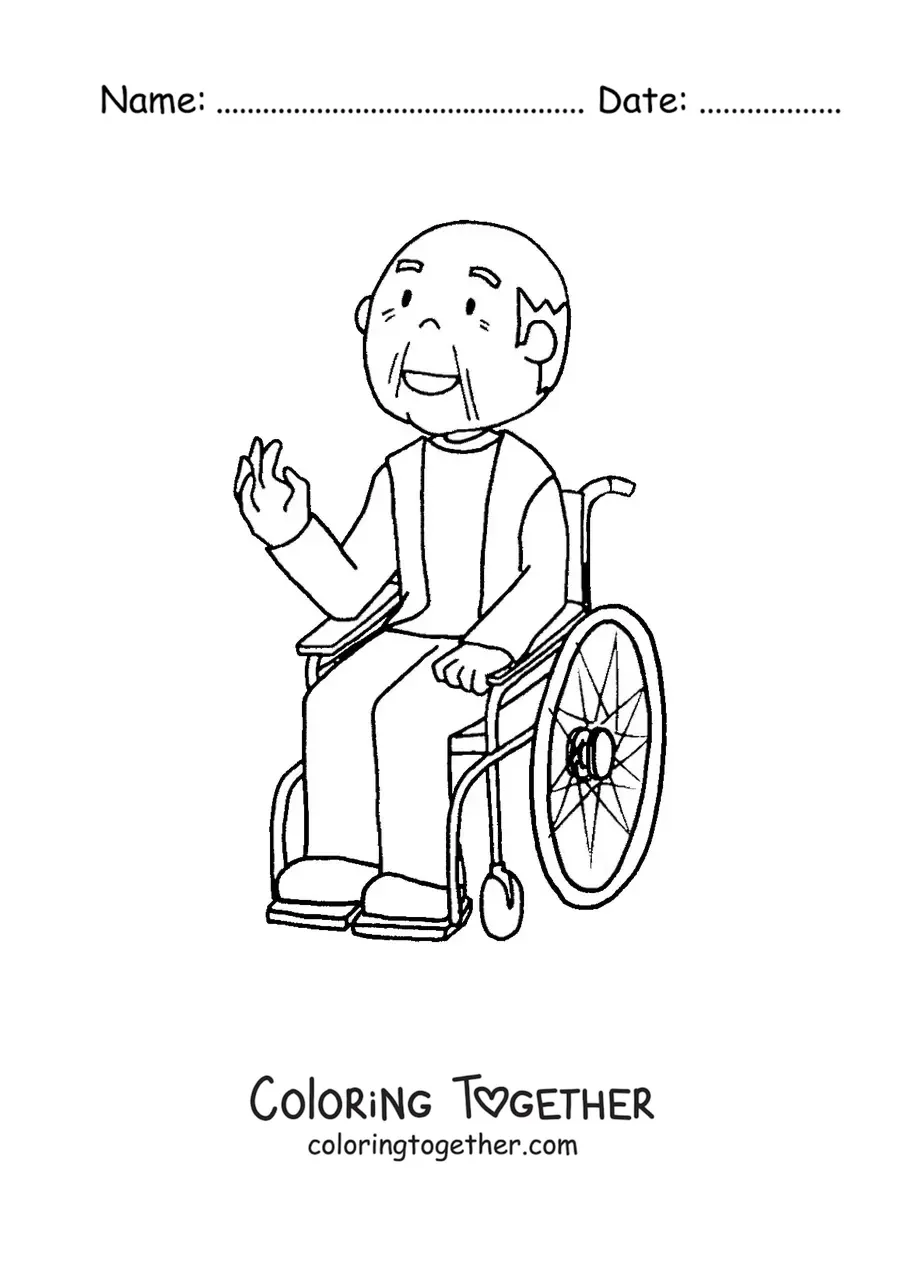 Coloring page of a grandpa in a wheelchair waving