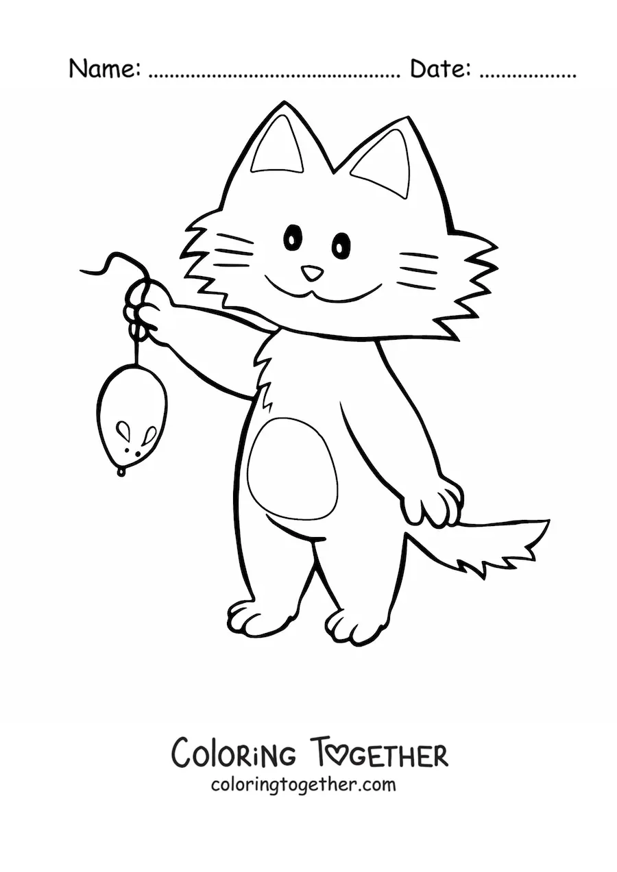 Coloring page of a cartoon cat holding a mouse by its tail