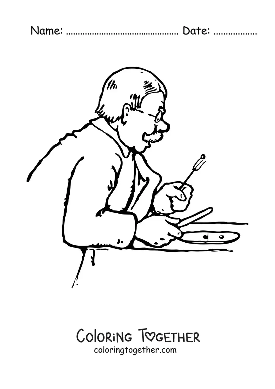 Coloring page of a grandpa with glasses eating