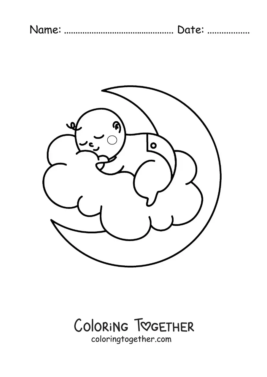 Coloring page of a newborn baby sleeping on a cloud over the Moon