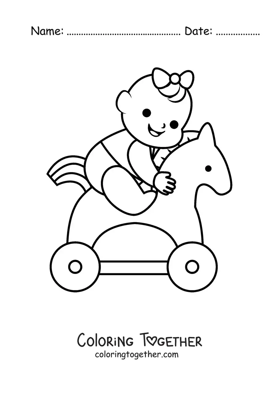 Coloring page of a baby girl playing on a toy horse