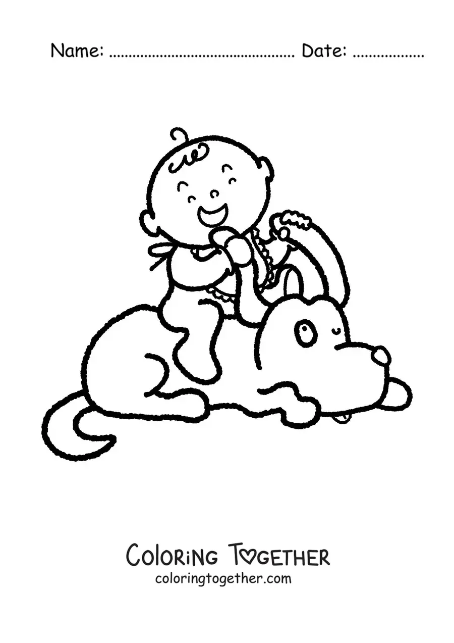 Coloring page of a happy baby on top of a cartoon dog